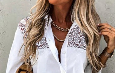 Chemise cardigan à revers en dentelle à manches longues ample de couleur unie pour femmes