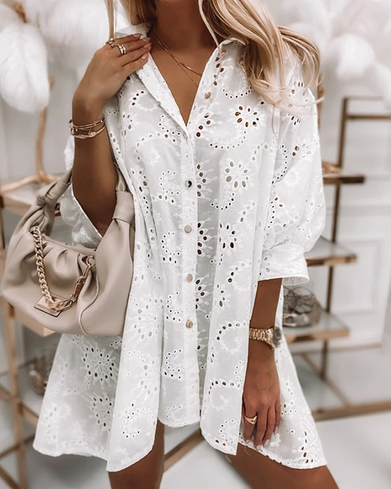 Women's Loose White Hollow Single-Breasted Long Shirt Dress