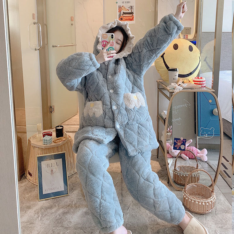 Ensemble de pyjama molletonné épais en velours corail pour femmes rondes, longueur mi-cuisse en flanelle
