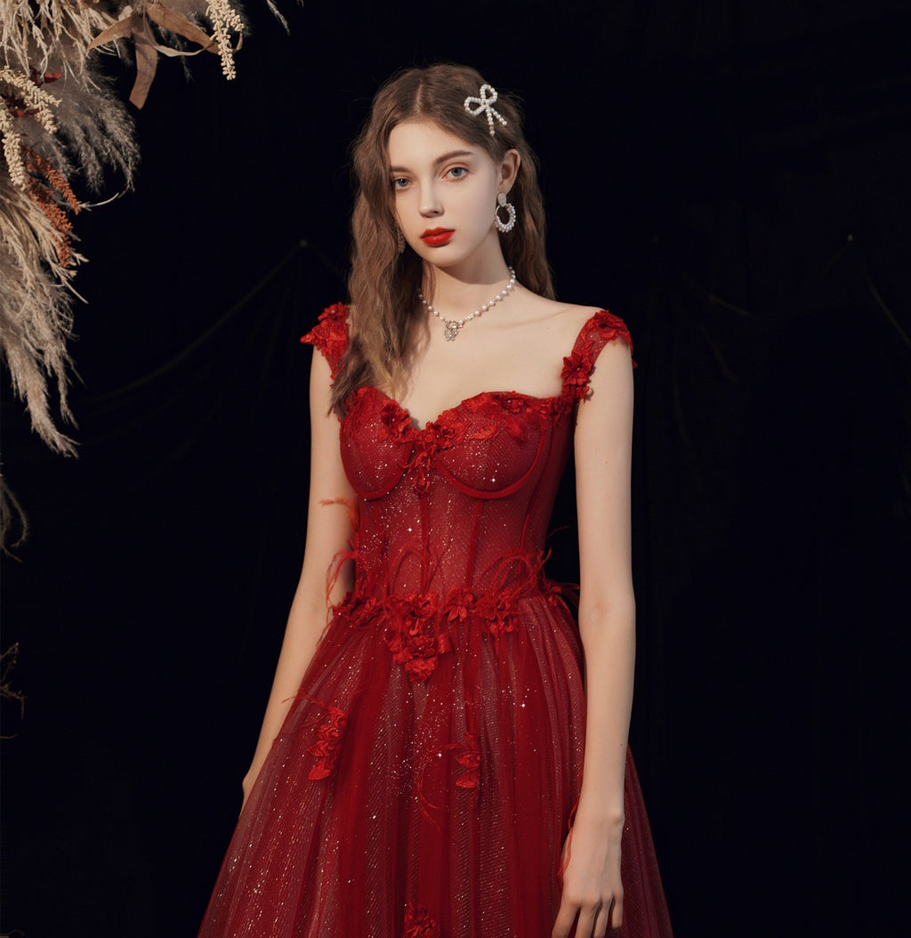 Mom's Wine Red Wedding Toast Dress with Handmade Flowers for Annual Meeting