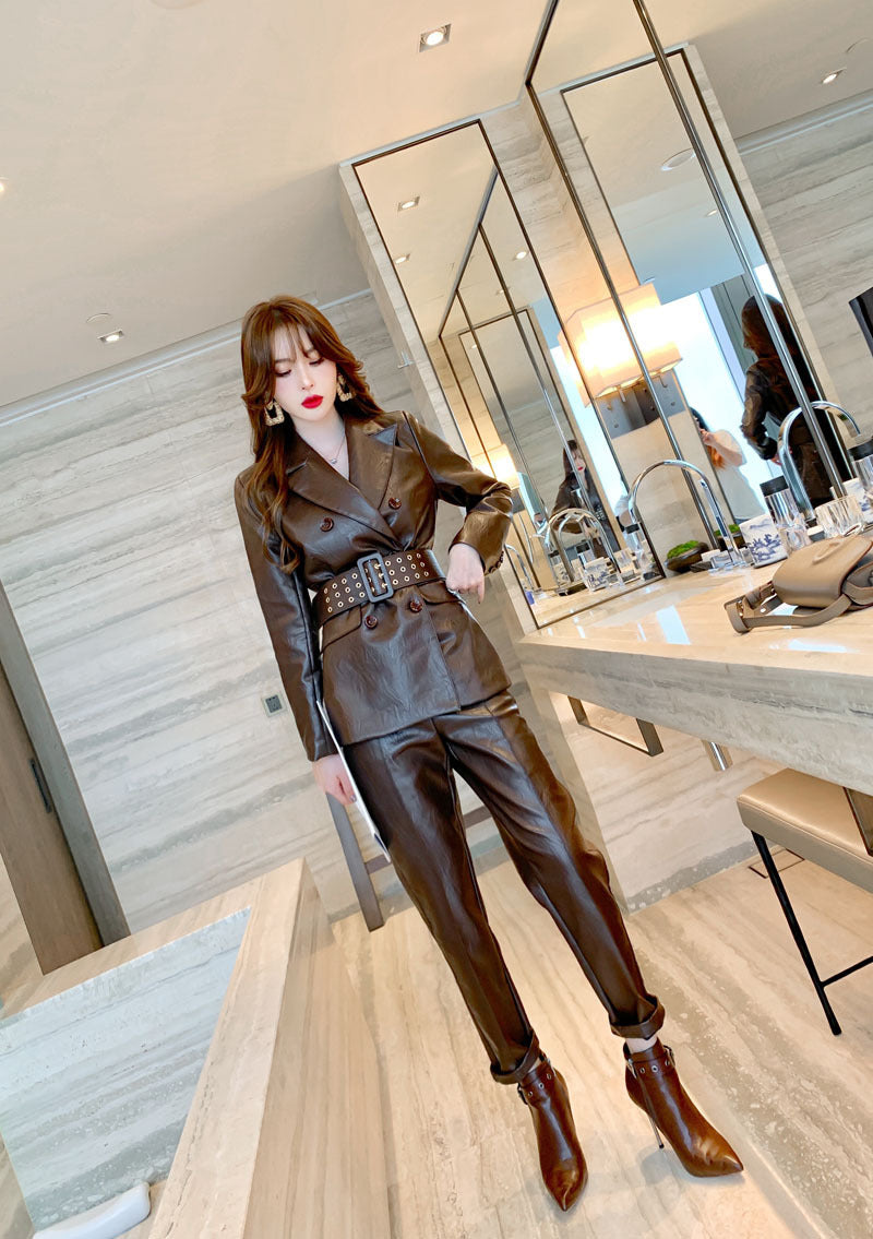Motorcycle PU Leather Commuter Waist Slimming Windproof Pants Brown