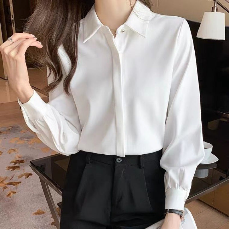 White Slim Fit Long Sleeve Shirt for Women Autumn French Chic
