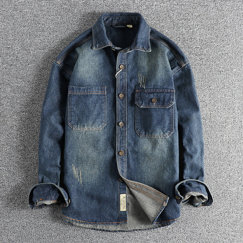 Vintage Washed Cotton Denim Shirt for Men in Light & Dark Blue