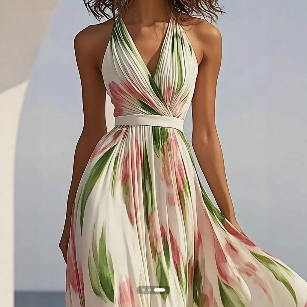 Robe d'été sans manches à col en V imprimée en polyester blanc cassé