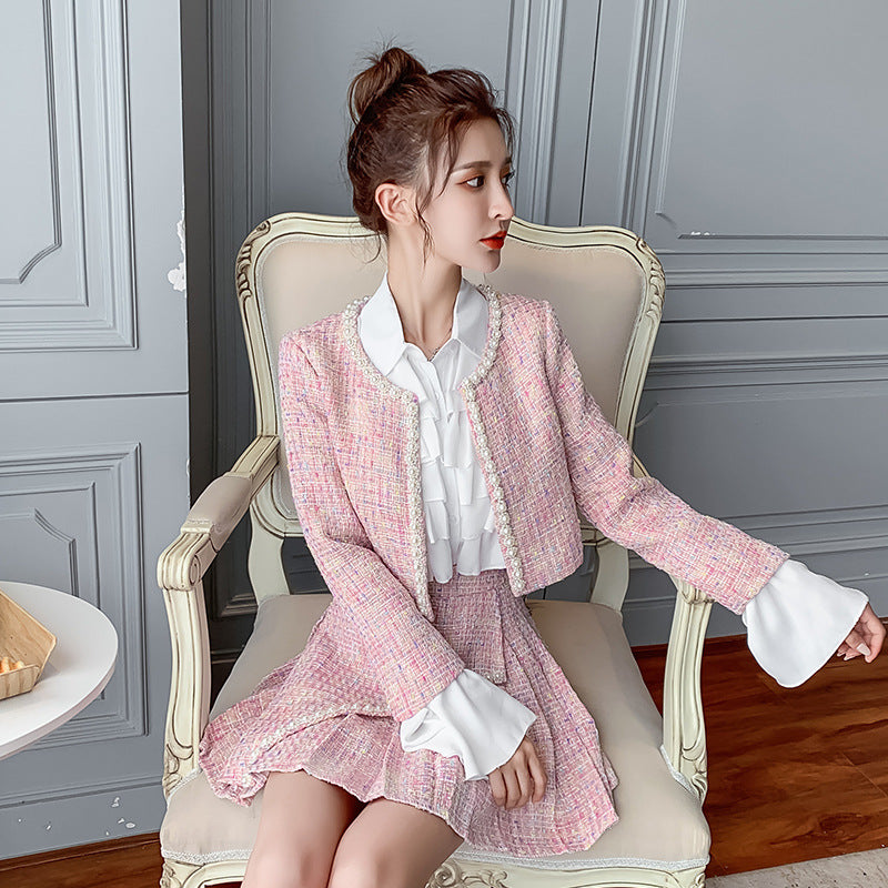 Women's Tweed Jacket Pleated Shirt and Skirt Set