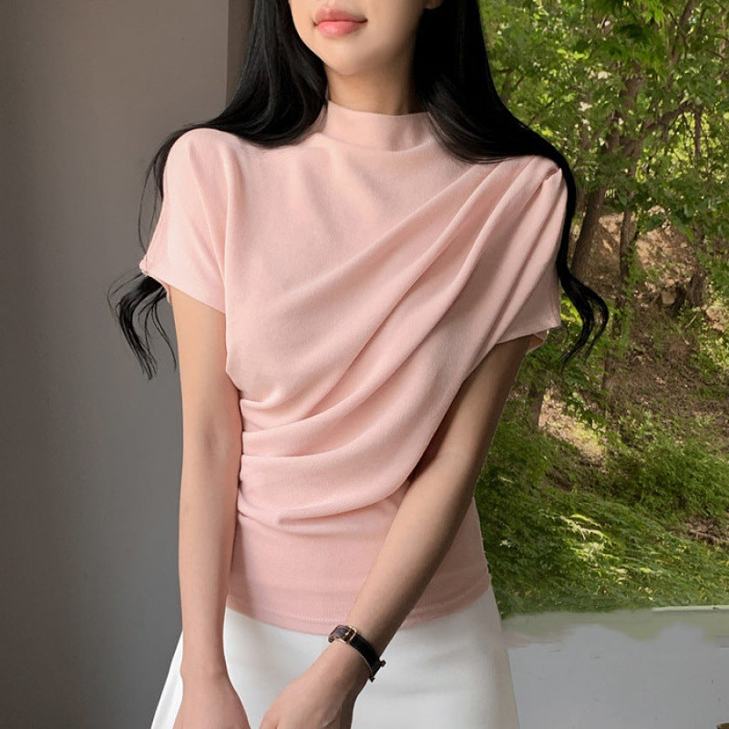 French Turtleneck Short Sleeve Modal T-Shirt for Women, Waist-Controlled Top