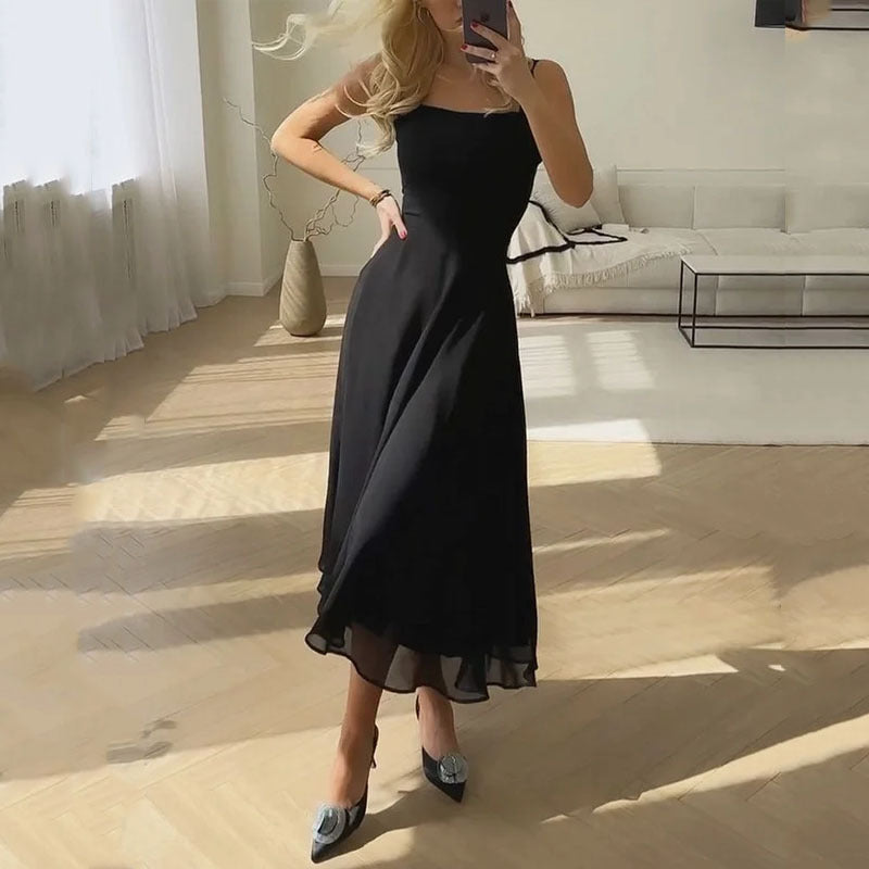 European And American Women's Clothing - Summer Fashion Elegant Sleeveless Sling Solid Color Dress