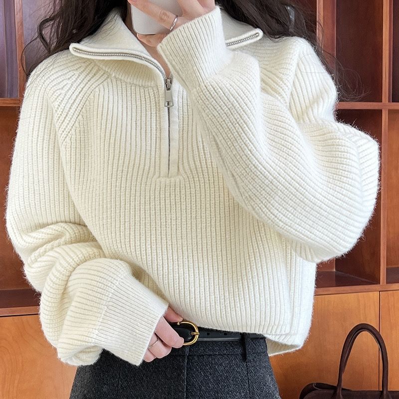 Fashion Zipper And Lapel Sweater For Women