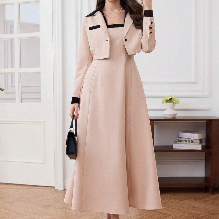 Women's Round Neck Long Sleeved Jacket And Camisole Skirt