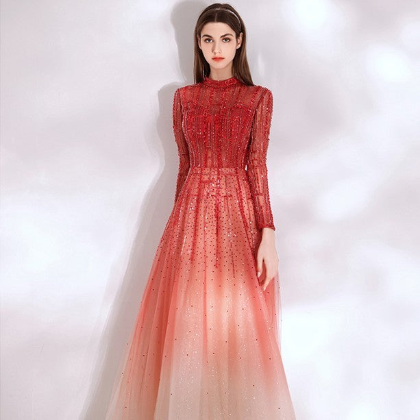 Robe de soirée longue à manches longues dégradé rouge pour femme