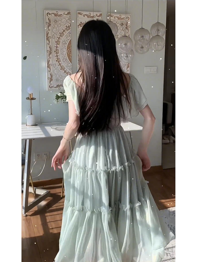 Robe à Bretelles en Mousseline Vert Clair pour Femme