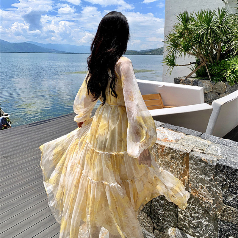 Robe trapèze en mousseline fleurie à la française pour femme