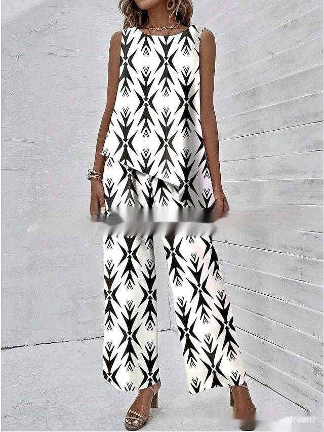 Women's Sleeveless Round Neck Top & Printed Pants Set Spring Summer