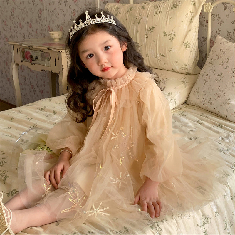 Girls Champagne Mesh Lantern Sleeve Casual Princess Dress