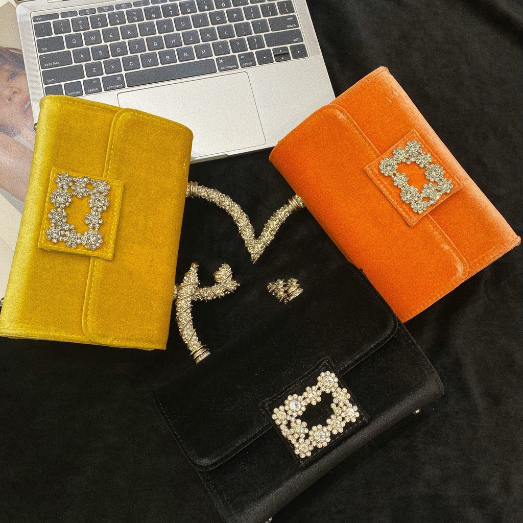 French Retro Velvet Rhinestone Flower Small Square Bag