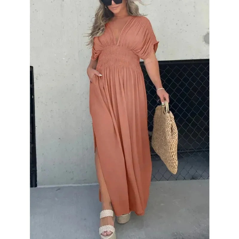 Fashion Bat-Sleeve V-Neck Slit Dress Summer Short Sleeve Elastic Waist Women’s Long Dress