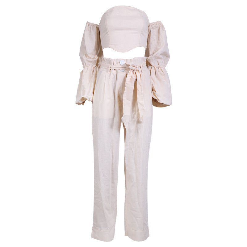 Cotton And Linen Off-shoulder Top Casual Pants Suit