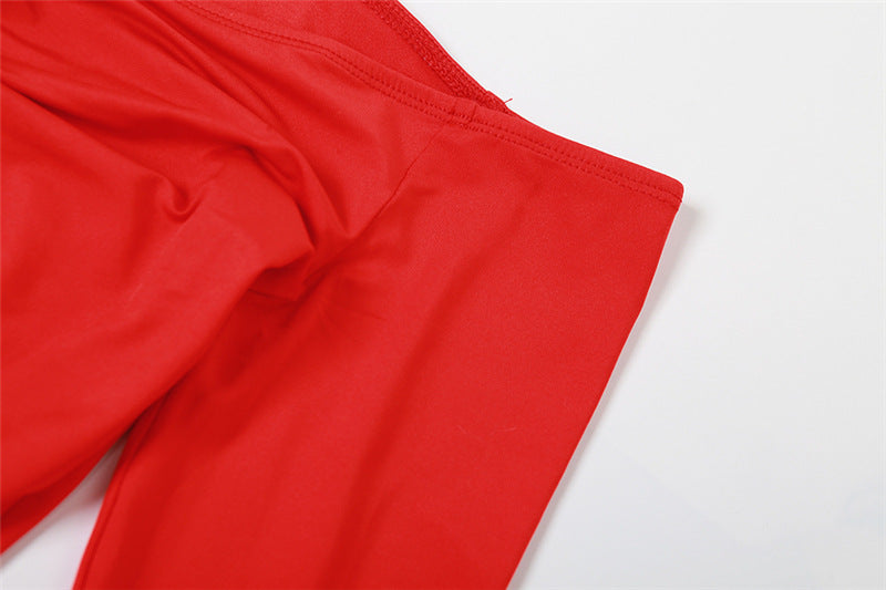 Combinaison rouge pour femme, manches longues épaules dénudées, taille haute