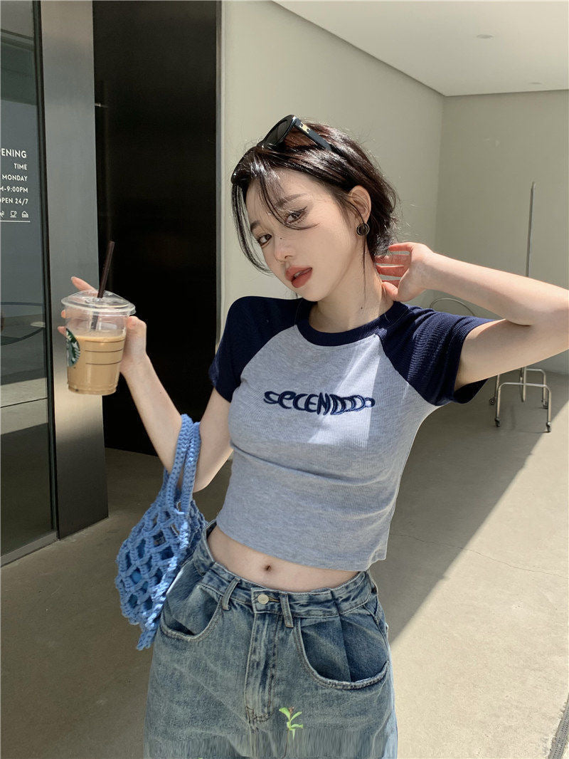 Pure Desire Slim Fit Short Sleeve Student Top with American Design