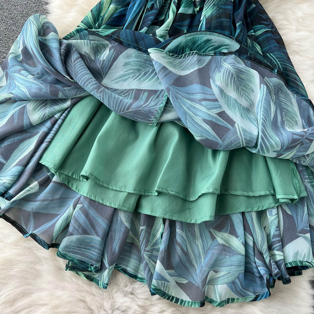 Lace-Up Printed Chiffon Beach Dress for Women
