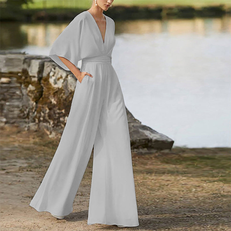 Women's Deep V High Waist Wide Leg Jumpsuit