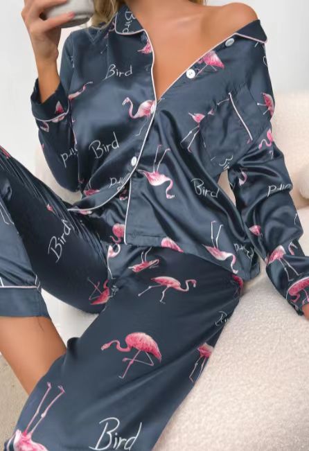Women’s Sweet Luxury 5050 Artificial Silk Lapel Long Sleeve Pajama Set with Trousers