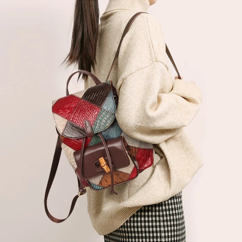 Sac à dos de voyage en cuir à cordon pour femme - Taille ordinateur 11 pouces, anti-éclaboussures