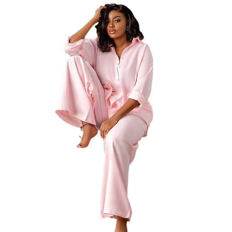 Pink Long Sleeve Shirt Cardigan & Wide Leg Pants Two-Piece Suit
