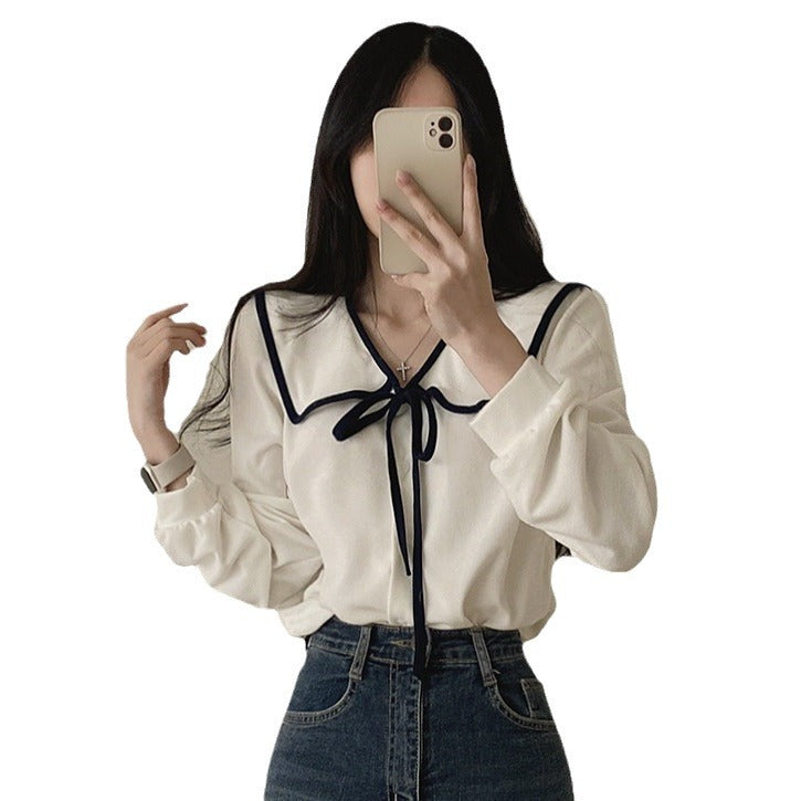 Loose Slimming Lace-Up Lapel Women's Shirt with Lantern Sleeves