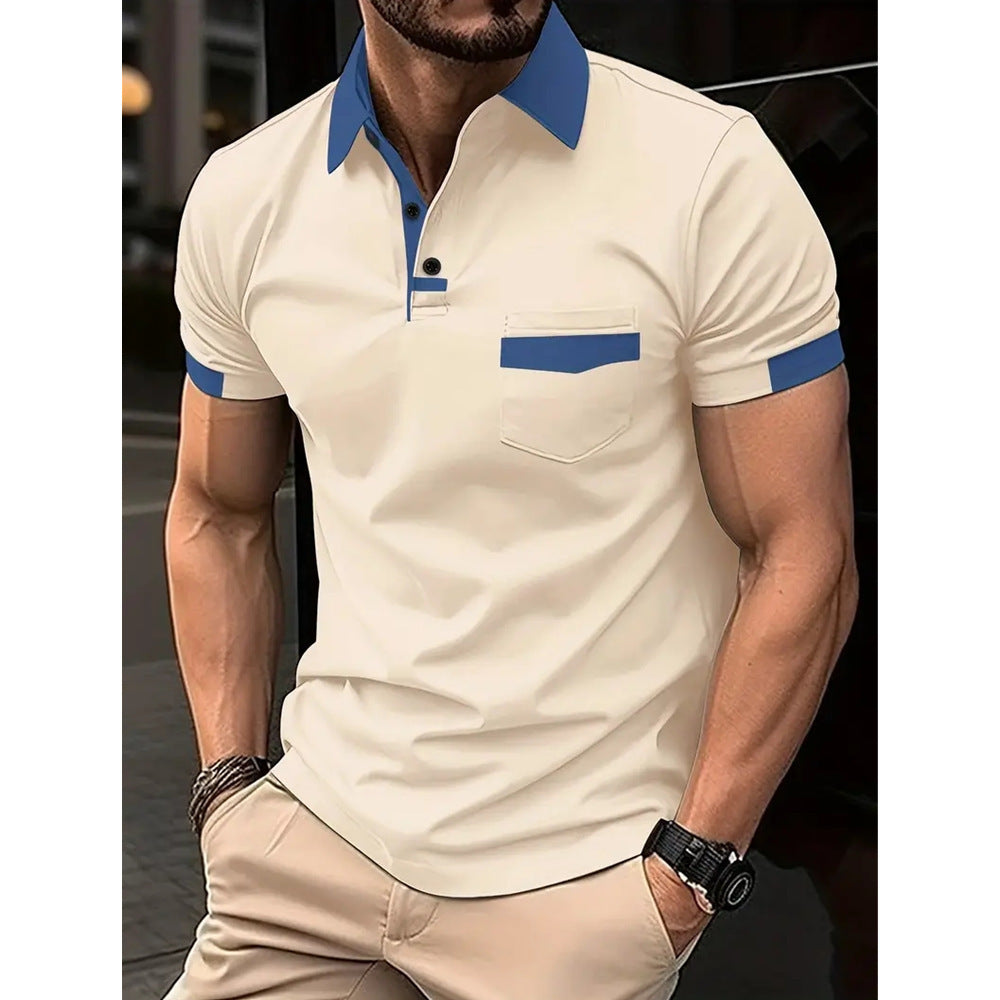 Men's Color Matching Pocket Polo Shirt with Zipper Detail