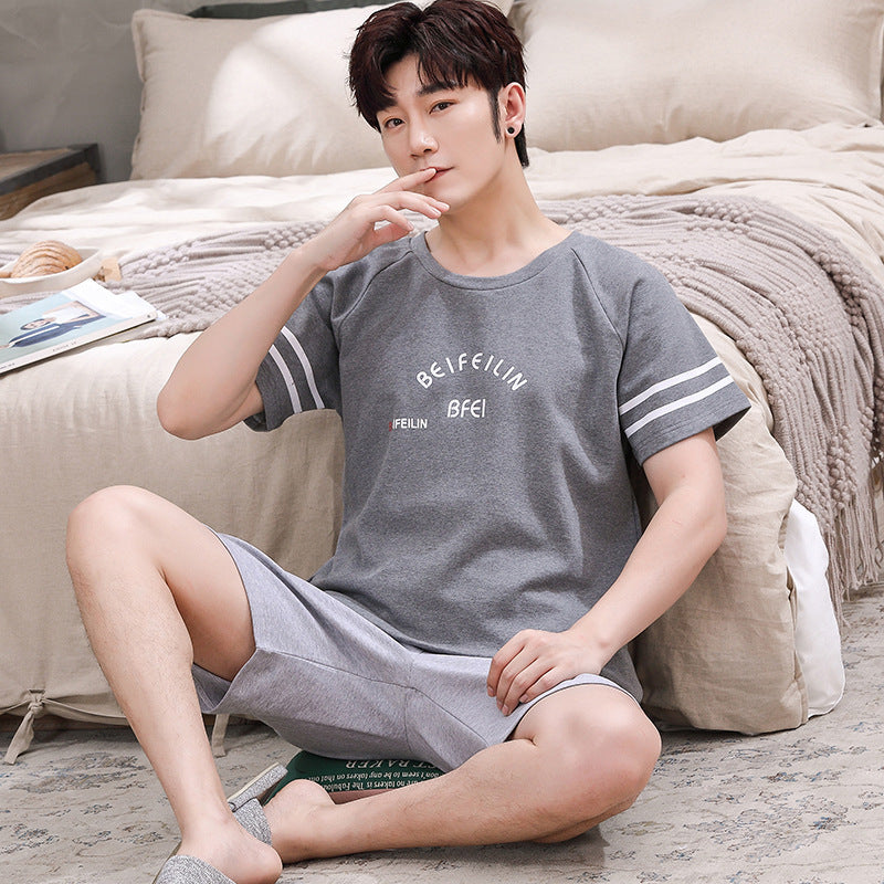 Summer Cotton Men's Short-Sleeve Pajama Set with Bird Plaid Shorts