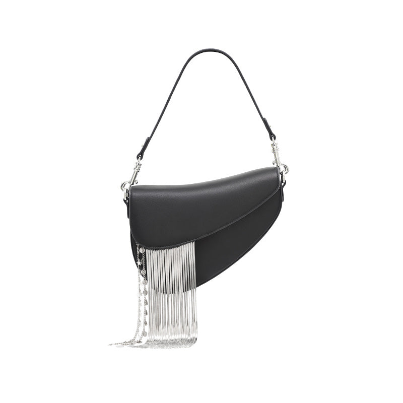 Cowhide Tassel Crossbody Bag with Magnetic Closure in Black