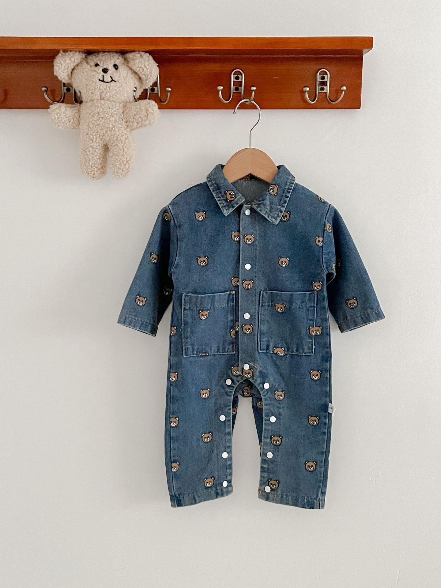 Child Bear Dark Blue Denim Jumpsuit Long Sleeve