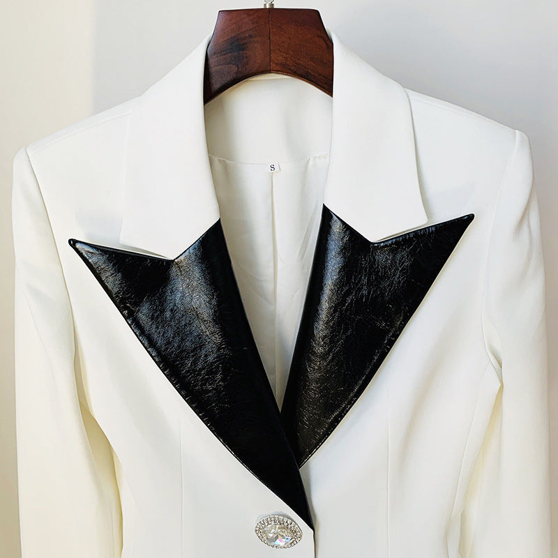 Contrast Leather Collar Diamond Stitching Jacket