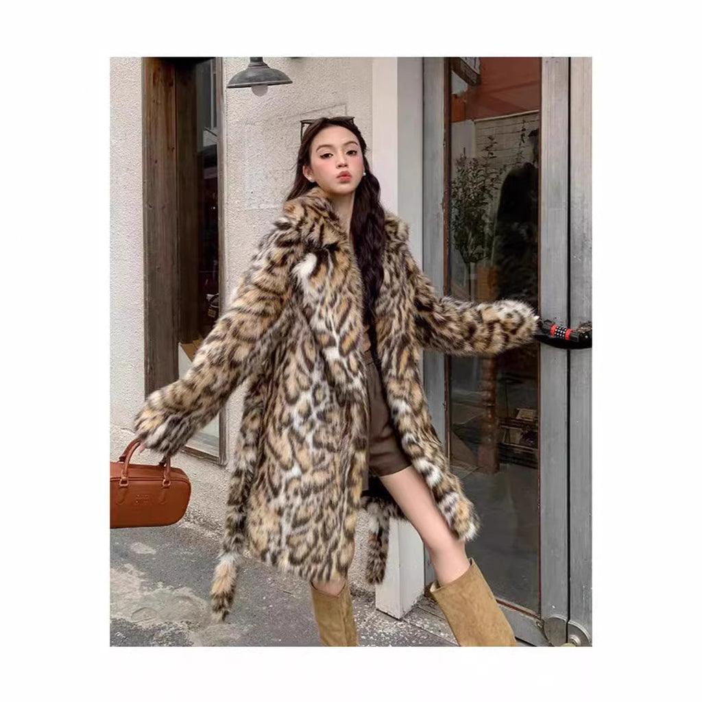 Fashion Long Mid-Length Faux Fox Fur Coat with Collar