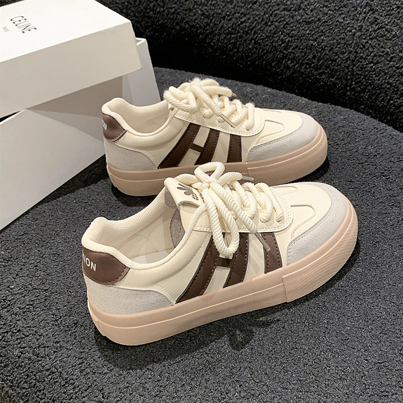 Thick-Soled Casual Lace-Up Sports Board Shoes for Students in Khaki & Blue