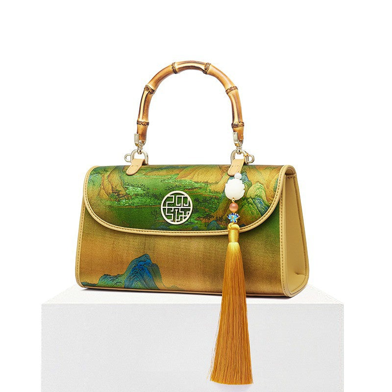 Silk Women's Cheongsam Bamboo Crossbody Handbag Small Bag Golden Yellow