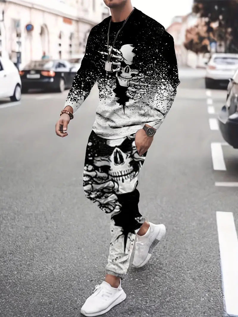 Men's 3D Digital Print Round Neck Sports Sweatshirt Suit
