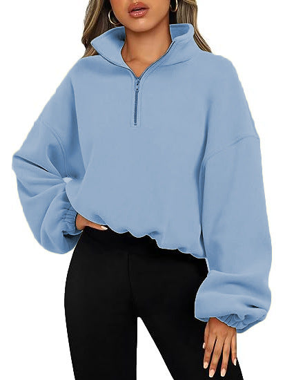 Women’s Loose Sport Pullover Hoodie Winter Zipper Stand Collar Thick Warm Sweatshirt Solid Color