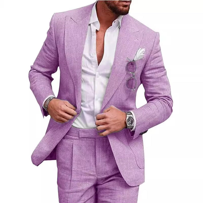 Ensemble costume deux pièces pour homme, coupe ajustée, couleur unie, un bouton