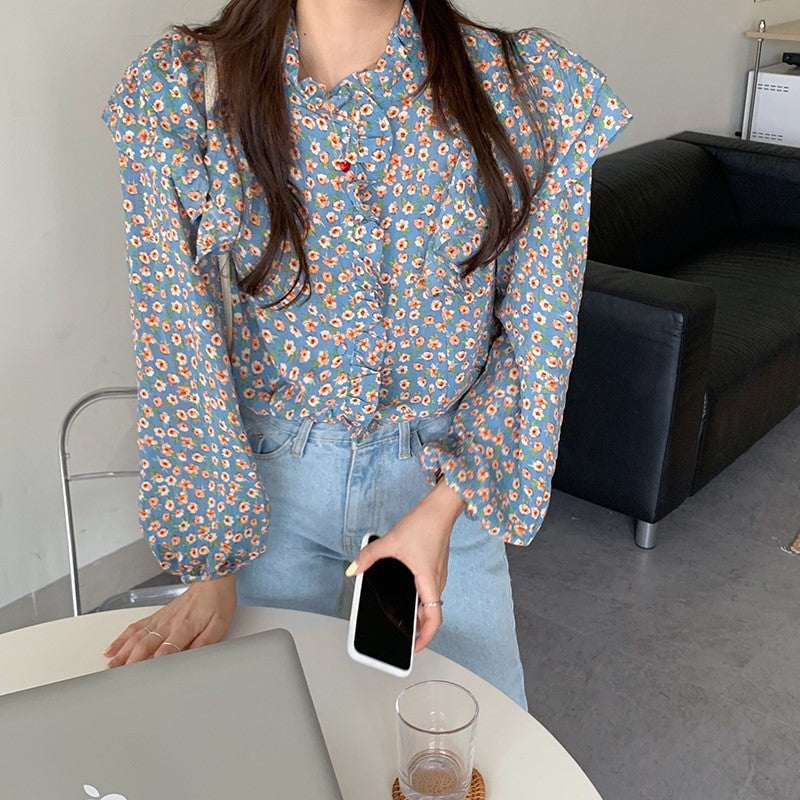 Retro Design Niche Light Mature Girly Floral Blouse French Chiffon Shirt