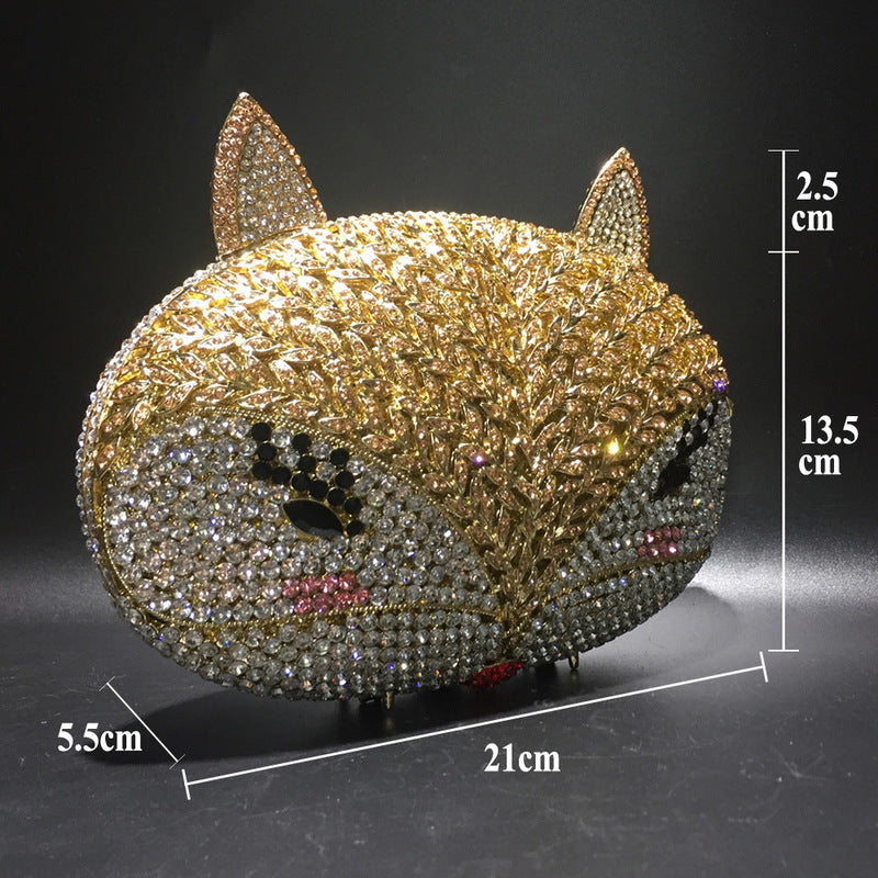 Gold Fox Rhinestone Hollow Metal Crystal Dinner Bag 21cm