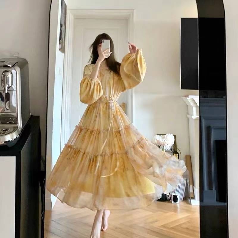 French Entry Lux Design Yellow Puff Sleeve Long Dress with Ink Print