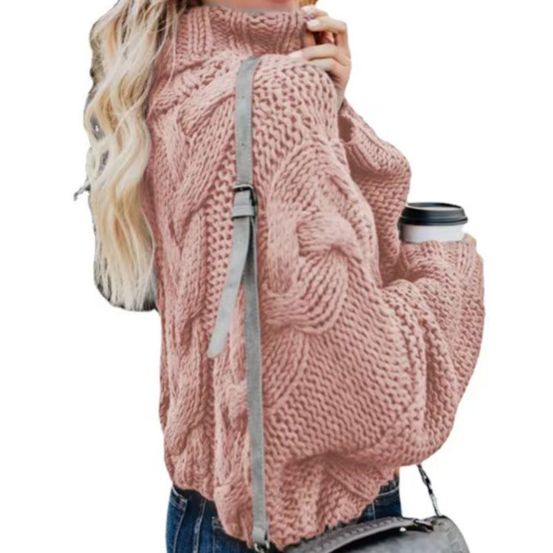 Pull décontracté à col roulé et manches longues pour femme