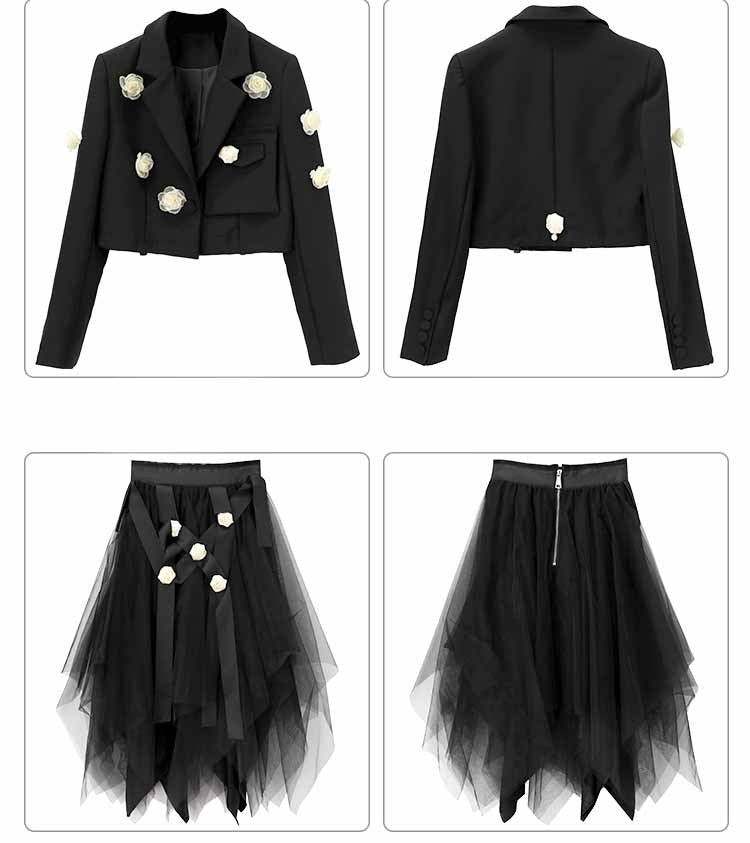 Two-Piece Black Women's Skirt Suit with V-Neck Coat and Irregular Puff Skirt, Sizes S-XL