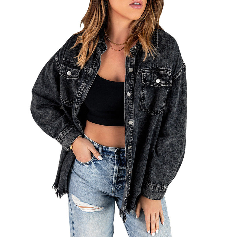 Denim Long Sleeve Lapel Top Women's Solid Color Single-breasted Mid-length