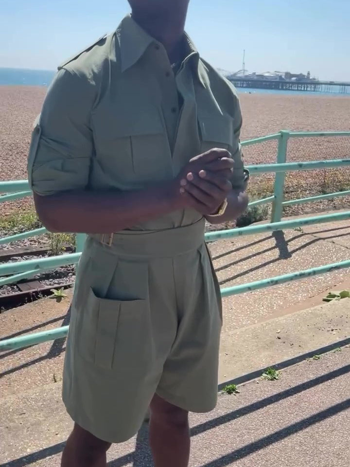 Army Green Cotton-Linen Long Sleeve Pocket Shirt & High Waist Shorts Set
