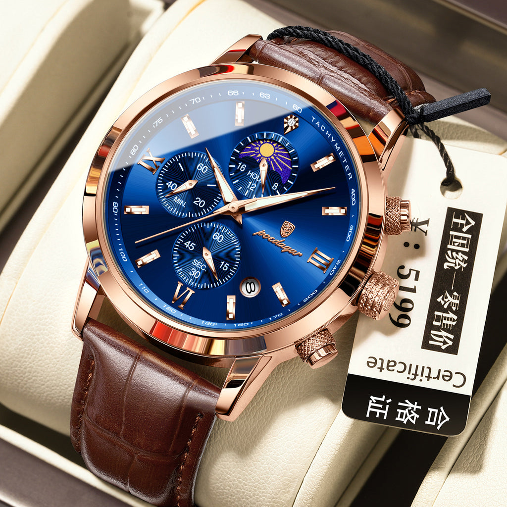 Men's 42mm Alloy Watch with Moon Phase & Multi-Function Chronograph