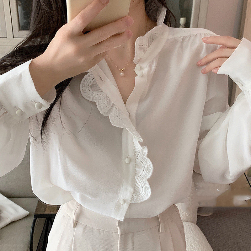 French Chic Stand Collar Puff Sleeve Shirt for Spring and Autumn