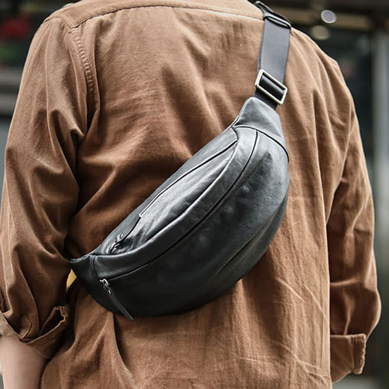 Sac de Poitrine Portable en Cuir de Vachette Noir pour Homme